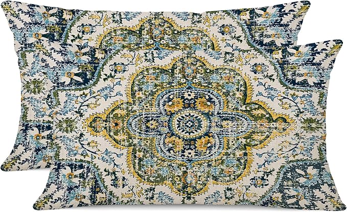Outdoor Waterproof Pillow Covers 12X20 Set of 2 Bohemian Vintage Carpet Pattern Pillow Covers Green Blue Ethnic Design Decorative Farmhouse Cushion Case for Couch Garden