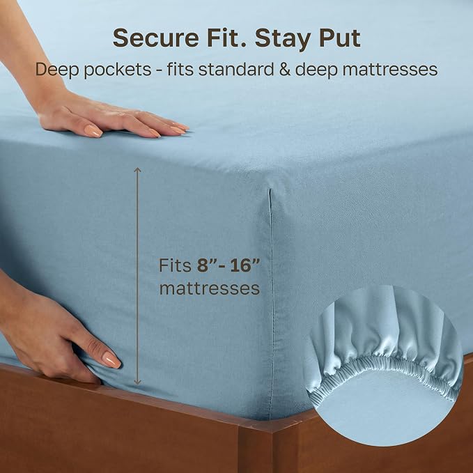 California Design Den 100% Cotton Sateen Queen Bed Fitted Sheet, Sky Blue | 400 Thread Count Backed by Good Housekeeping Seal, 16" Deep Pocket, All-Around Elastic, No-Pop Fit, Durable, OEKO-TEX