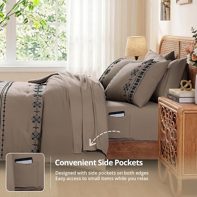 MaiRêve Queen Comforter Set Embroidery Floral 7 Pieces Bed in a Bag | Taupe Grey Boho Farmhouse Bedding Sets with Comforter, Sheets, Pillowcases & Shams
