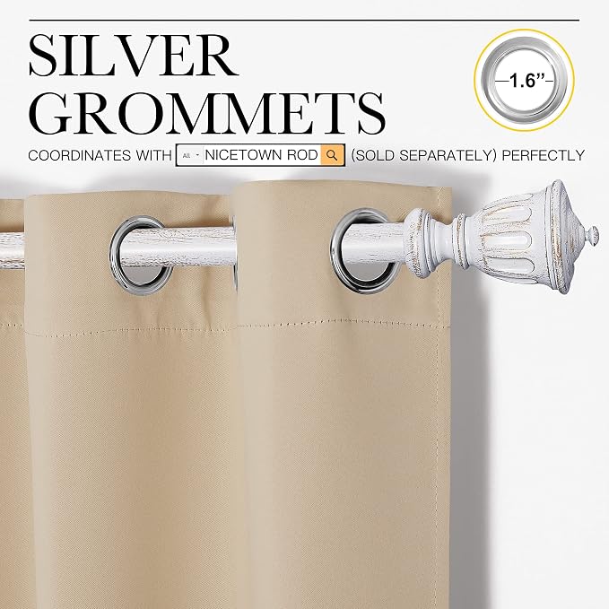 NICETOWN Biscotti Beige Room Darkening Curtains for Cafe 42" x 68" 2 Panels | Blackout Thermal Insulated Grommet Draperies Drapes for Kitchen Living Room Window, Light Blocking Noise Reducing Home Decor