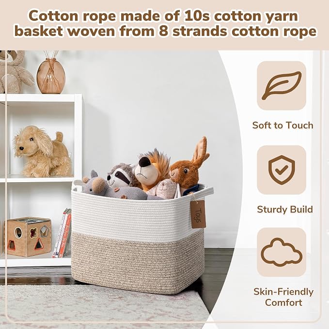 Goodpick 50L Large Woven Rope Storage Basket, Rectangle, Light Brown | 18" × 14" × 12" Stylish Gift Baskets for Living Room & Bedroom Organization, Cotton Rope Basket for Blanket & Toy Storage