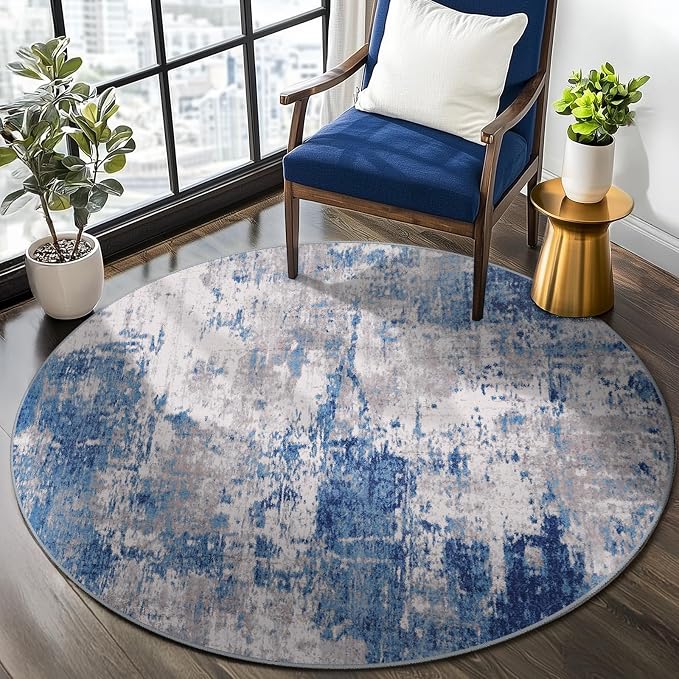 RELEANY Washable Round 8ft Area Rug for Living Room Blue Gray | Carpet for Bedroom, Kitchen, Office, Hallway and Entryway, Printed Pattern, Non‑Slip, Soft, Stain‑Resistant, Easy to Clean