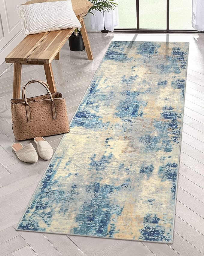 Lahome Modern Abstract Rug Runners for Hallways Non Slip, 2x7 Carpet Runner Rug for Kitchen Non Skid Washable, Soft Floor Mat for Bathroom Bedside Entrance RV, Blue/Yellow/Ivory