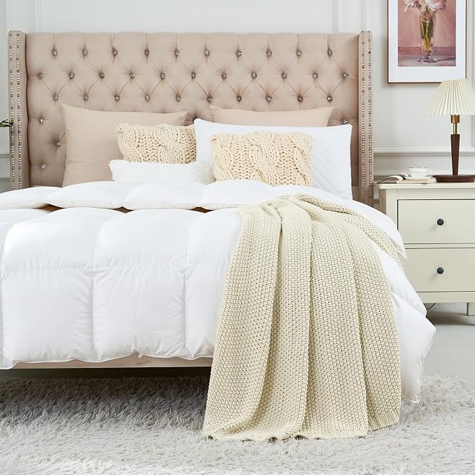Chunky Cable Knit Throw Blanket Lightweight Cream 100% Organic Cotton Blanket for Sofa Couch Bed Baby Nursery, Rustic Shabby Chic Modern Farmhouse, 60” x 80” Give Laundering Bag