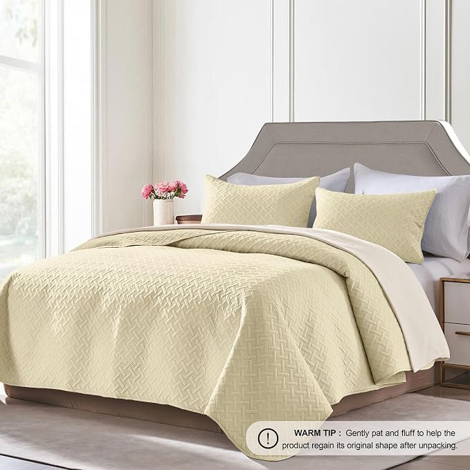 FLYMME Twin Quilt Set,Lightweight Butter Yellow Bedspreads,Basket Weave Pattern,Ultra Soft Microfiber Bedspread Bed Coverlet 2 Pieces for All-Seasons (1 Quilt,1 Shams)