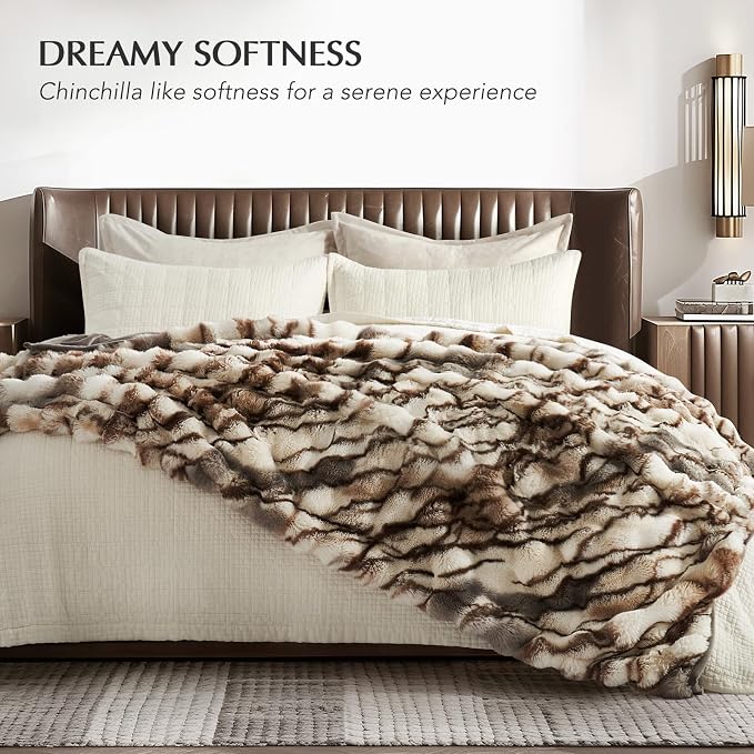 EverGrace Faux Rabbit Fur Bubble Throw Blanket, 60"x80", Beige & Gray | Ultra Soft, Luxury Faux Rabbit Fur Throw, Thick Warm Bubble Blanket, Cozy Fluffy Reversible, for Bed, Couch, Chair, Sofa