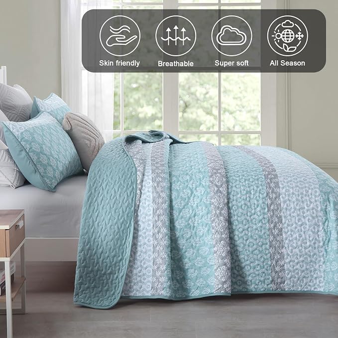 Cottolester Aqua Quilt Set King Size Boho Striped Bedspread Lightweight Soft Microfiber Bedding Set 110"x90" (3 Pieces) | Soft Microfiber Coverlet,Breathable All-Season,Machine Washable,3-Piece Set,Fits King 110"x90",Cozy Essential for Men Women