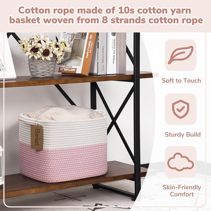 Goodpick Woven Rope Storage Basket for Shelves, Rectangle, Pink & White | 13" × 10" × 9" Stylish Gift Basket for Nursery & Bedroom Organization, Fits Toys & Baby Essentials Storage, Writable Label
