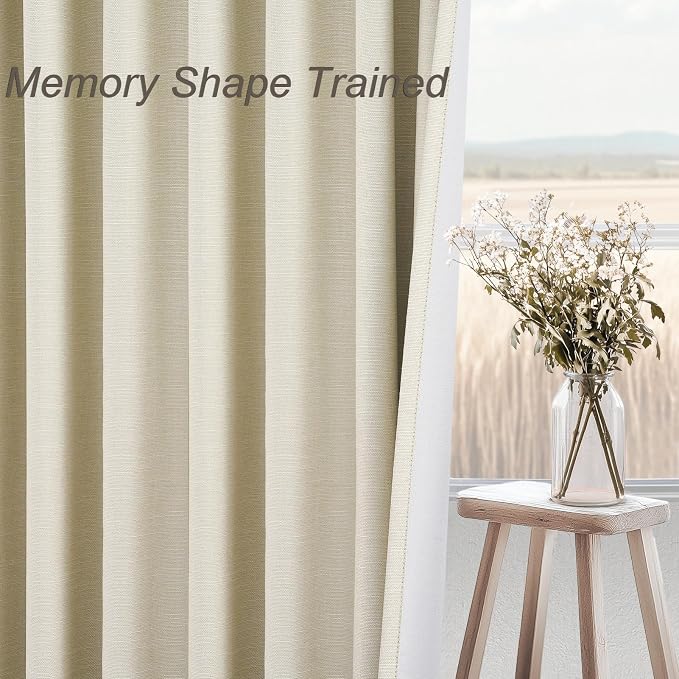 Topfinel Cream Black Out Curtains 96 Inch Long, 100% Blackout Thermal Insulated Natural Linen Pinch Pleat Viral Drapes with Hooks 2 Panel Sets, Burlap 8FT Back Tab Curtains for Living Room Bedroom