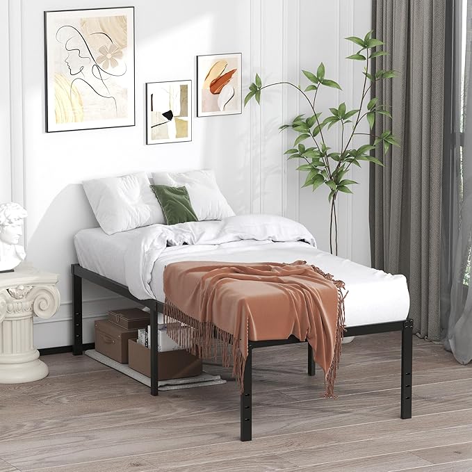 EMODA 20 Inch Twin Bed Frame No Box Spring Needed | Heavy Duty Tall Metal Twin Platform Bed Frames with Large Storage Space, Noise Free, Easy Assembly, Black