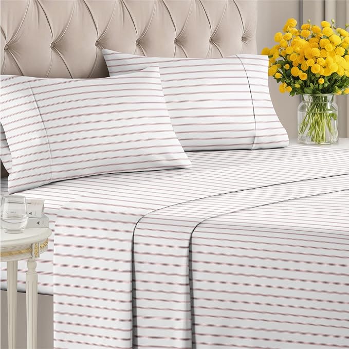 Queen 4 Piece Striped Sheet Set - Soft, Breathable & Cooling - Double Red | 1 Flat, 1 Fitted & 2 Pillowcases w/ Deep Pockets, Luxury Striped Bedding, Soft, Breathable & Cooling, Wrinkle & Fade Free