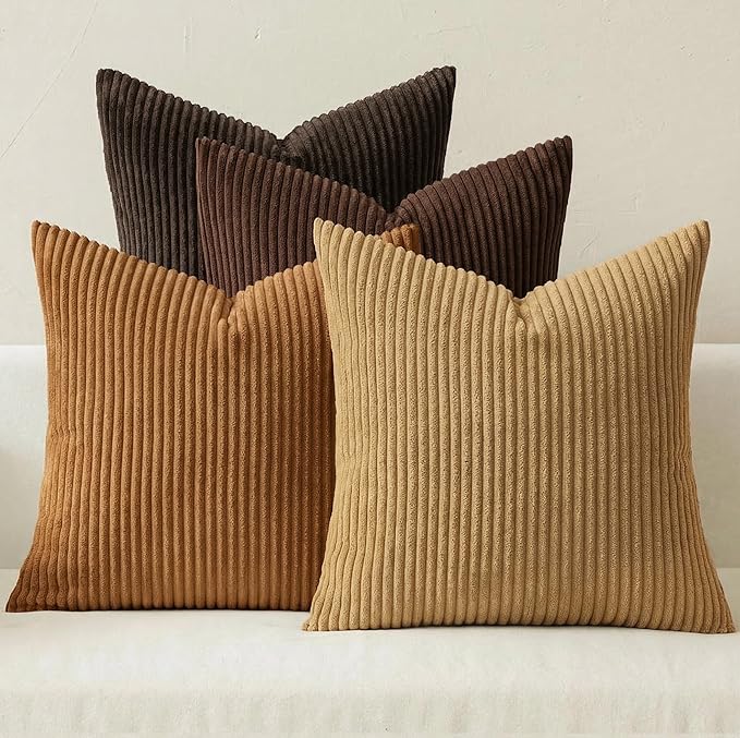 MIULEE Fall Corduroy Decorative Throw Pillow Covers Camel Brown 18x18 | Set of 4, Mordern Rustic Fall Decor, Wood-Tone Deep Browns, Boho Farmhouse Cushion Covers for Couch Bed Sofa Living Room