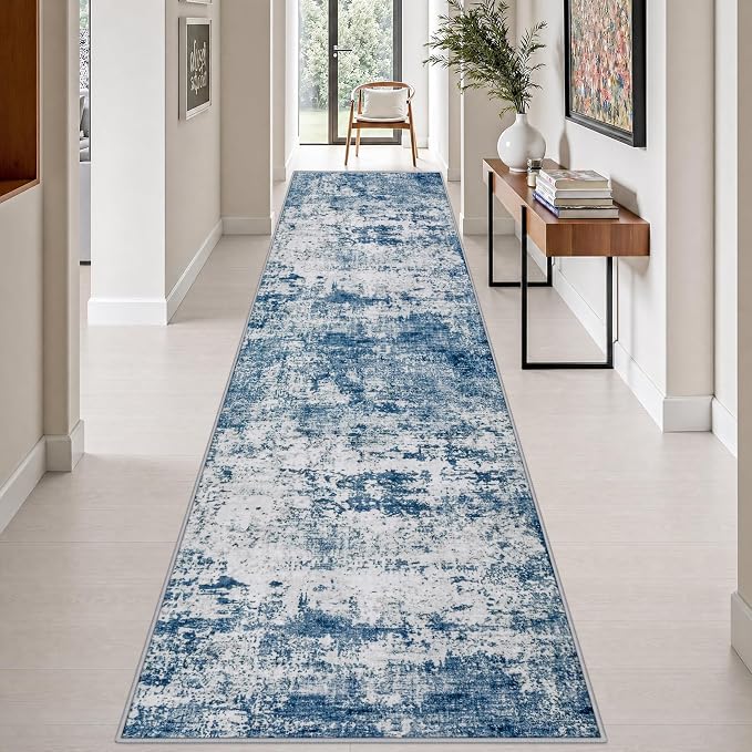 3x14 Washable Runner Rug：Modern Abstract Kitchen Soft Carpet Blue | For Hallway, Bedroom, Kitchen, Laundry, Bathroom,Door Mat,Modern Abstract,Machine washable,Non-Slip,Stain Resistant,Indoor