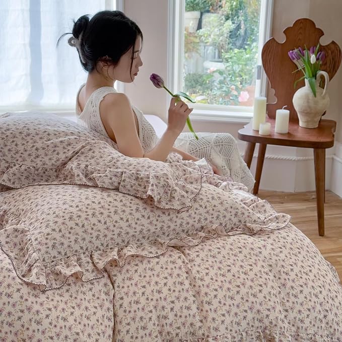 Vintage Purple Floral Duvet Cover Queen, Muslin Cotton Comforter Cover, Soft Lightweight Farmhouse Bedding Ruffles Quilt Covers 90"x90", Zipper & Corner Ties, No Pillow
