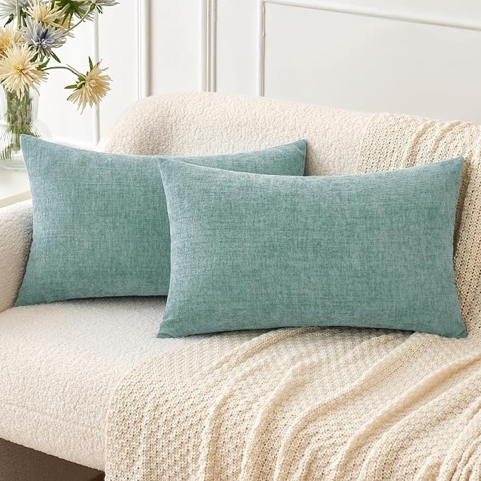MIULEE Soft Chenille Lumbar Throw Pillow Covers Aqua Green 12x20 Pack of 2 | Modern Home Decor, Classic Decorative Pillows, Solid Dyed Cases, Boho Couch Cushion Covers for Sofa Bed Living Room