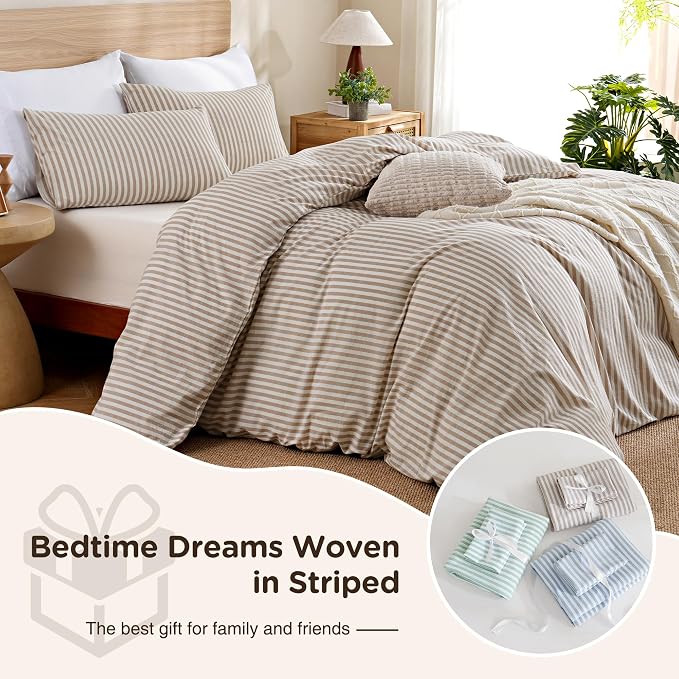 TOCOMOA Brown Striped Duvet Cover Set 100% Washed Cotton Like Linen, King | Linen-Like Feel Soft, Breathable & Comfy for All Season. Lightweight Bedding Set with Zipper & 8 Ties. 3 Pcs, No Insert