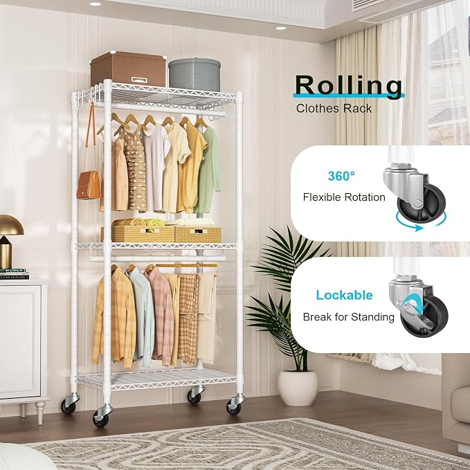 FUTASSI Rolling Clothes Rack, Clothing Racks for Hanging Clothes, White | P3 Mini Heavy Duty Garment Rack with Wheels, Freestanding Portable Closet Racks 23.6'' W x 14'' D x 78.5'' H, Max Load 430Lbs