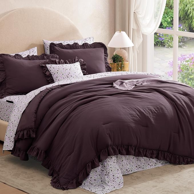 King Size Comforter Set-7 Pieces Ruffle Bedding Floral Sheet | Purple Bed in a Bag, Soft Lightweight All Season Farmhouse King Size Bedding Sets with Floral Sheets, Pillowcases & Shams