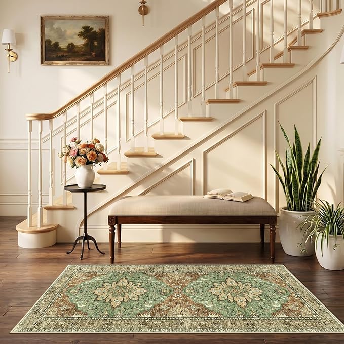 RELEANY Washable Area Rug, Runner 2'6"x5', Brick/Brown/Green | Non-Slip, Water Repellent, Pet Friendly, Easy to Clean, Vintage Floral Boho Decor for Kitchen Entry Bedroom Bedside Laundry