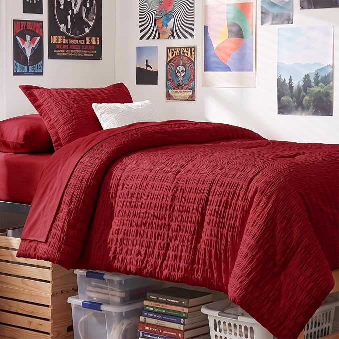 Twin Comforter Set, 5 Pieces Dark Red Seersucker Bed in a Bag | OEKO-TEX Certified, All Season Bedding Sets with 240 GSM Down Alternative Comforter, Flat & Fitted Sheets, Pillowcase & Sham