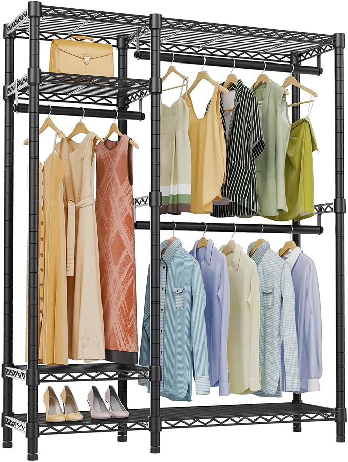 VIPEK V2 Heavy Duty Clothes Rack, Portable Metal Closet System, Black | Freestanding Wardrobe with 4 Tiers Adjustable Wire Shelving & 3 Hanging Rods Clothing Rack, Closet Organizer, Max Load 700LBS