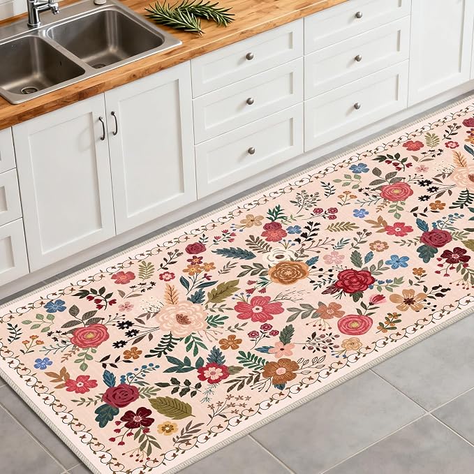 Washable 2' x 6' Runners for Hallways, Non Slip Long Floor Runner for Kitchen, Entryway Indoor, Stain Resistant Rubber Backing Floral Decor Rug (Beige Red)