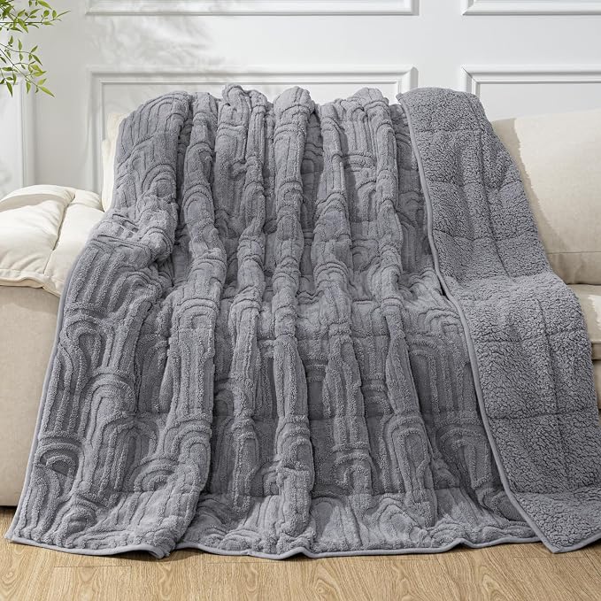Cottonblue Jacquard Weighted Blanket for Adults 15lbs Twin Size Bed 48"x72" | Soft Fuzzy Fleece Weighted Blankets Throw for Sleep Calm Relax, Fuzzy Warm Arch Bed Sofa Couch Heavy Blanket, Grey, Washable
