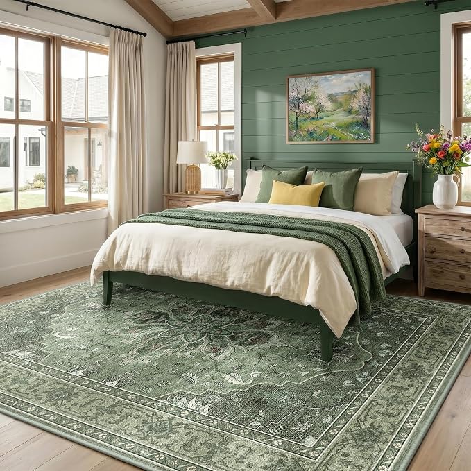 RELEANY Washable Area Rug, 8'x10', Green/Dark Green/Gray | Non-Slip, Water Repellent, Pet Friendly, Easy to Clean, Vintage Floral Boho Decor for Living Room Bedroom Dining Room