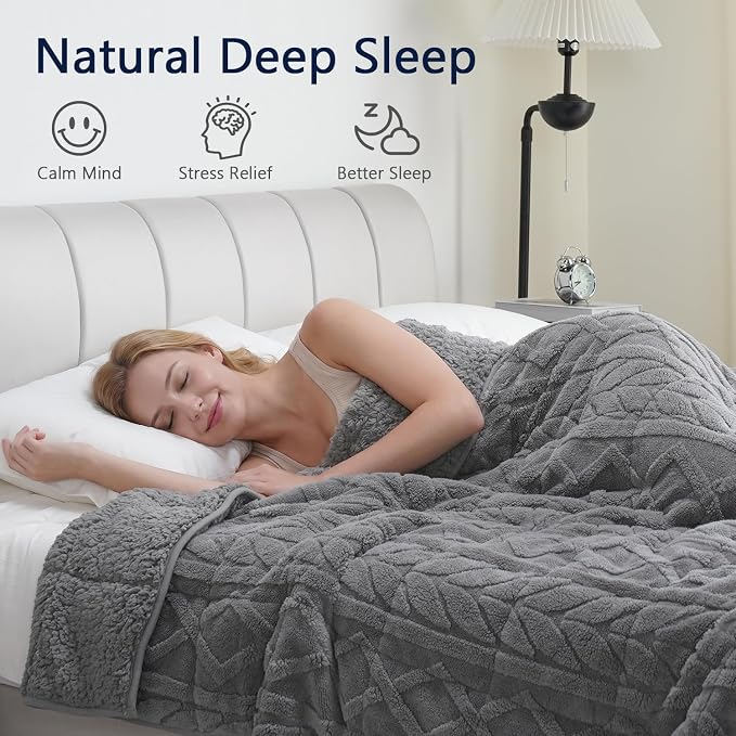 Mr. Sandman Weighted Blankets for Adults, Queen Size 60 x 80 Inches, 15lbs | Machine Washable; Soft Warm Sherpa Fleece; Fluffy Jacquard with Glass Beads; Heavy Throw for Sleep and Calm; Jacquard Grey