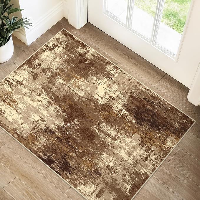 RELEANY Washable 2'x3' Abstract Area Rug for Living Room Brown Tan | Carpet for Bedroom, Kitchen, Office, Hallway and Entryway, Printed Pattern, Non‑Slip, Soft, Stain‑Resistant, Easy to Clean