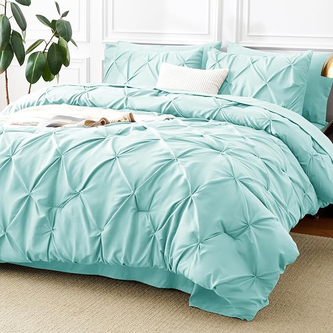 King Size Comforter Set Spa Blue, 7 Pieces Pintuck Bed in a Bag | OEKO-TEX 100 Certified, 240GSM All Season, Bedroom, Guest Room, Down-Alternative Comforter, Sheets, Pillowcases & Shams