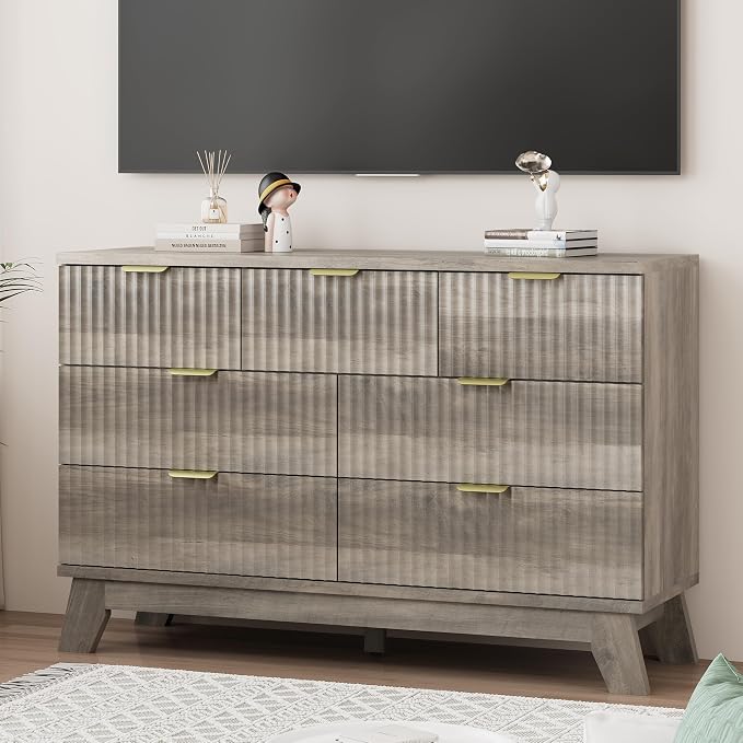 Xixini Fluted Dresser for Bedroom with 7 Drawers, 48" Wide Modern Chest of Drawers with Metal Handle, Wood Dresser TV Stand, Wooden Closet Clothes Storage Organizer for Living Room, Hallway, Grey