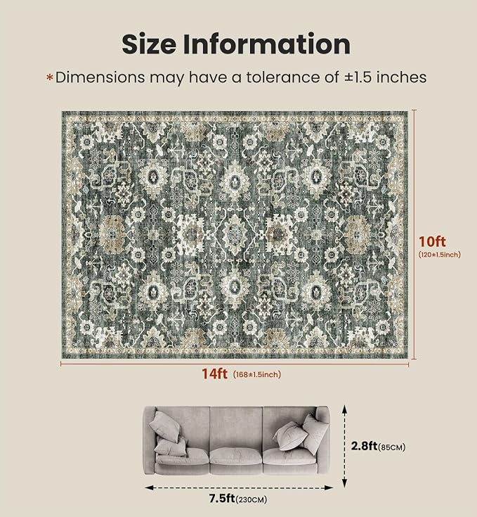 AMADA HOMEFURNISHING 10x14 Washable Area Rug, Low-Profile Large Area Rug with Non-Slip Backing & Durable Edge Binding, Vintage Large Rugs for Living Room, Bedroom & Dining Room