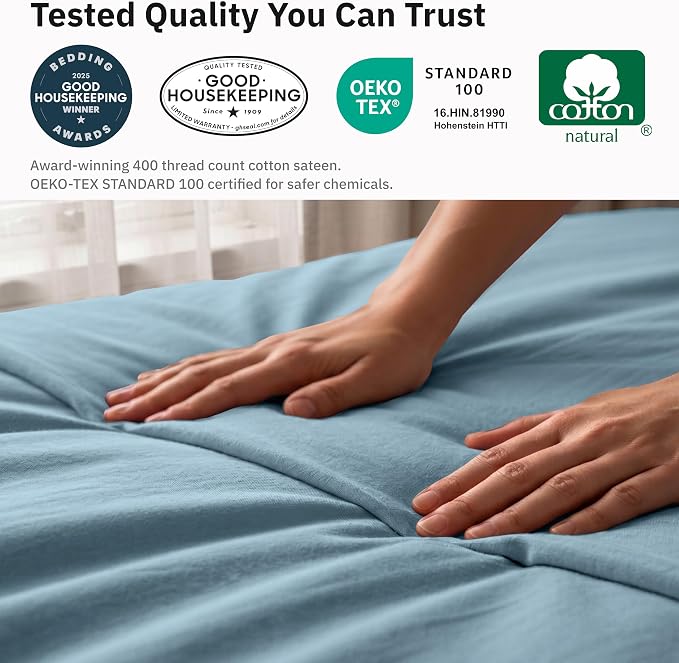 California Design Den 100% Cotton Sateen King Comforter Cover, Sky Blue | Duvet Cover Only, Comforter Not Included, Backed by Good Housekeeping Seal, Button Closure & Corner Ties