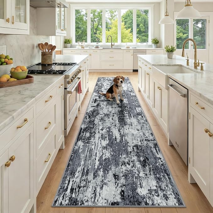 RELEANY Washable Runner 2'6"x10' Abstract Area Rug for Hallway Black White | Carpet for Kitchen, Entryway, Bathroom, Living Room, Bedroom, Printed Pattern, Non‑Slip, Soft, Stain‑Resistant, Easy to Clean
