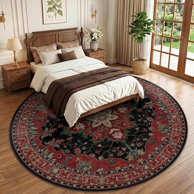 RELEANY Washable Area Rug, Round 10ft, Red/Black | Non-Slip, Water Repellent, Pet Friendly, Easy to Clean, Vintage Floral Boho Decor for Living Room Bedroom Dining Room
