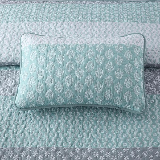 Cottolester Aqua Quilt Set King Size Boho Striped Bedspread Lightweight Soft Microfiber Bedding Set 110"x90" (3 Pieces) | Soft Microfiber Coverlet,Breathable All-Season,Machine Washable,3-Piece Set,Fits King 110"x90",Cozy Essential for Men Women