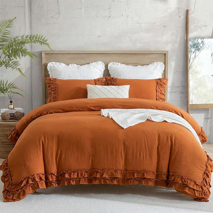 Bedorm Ruffled Twin Duvet Cover Burnt Orange Bedding Set Rust Lace Ruffle Boho Chic Bedroom Decor Super Soft Breathable Pumpkin Duvet Cover Set French Country Style