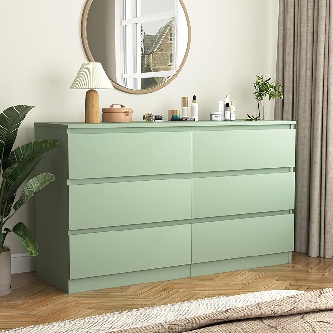 Vibe & Dine 6 Drawer Double Dresser, Modern Chest of Drawers with Wide Storage for Closet, Bedroom, Living Room (Light Green)