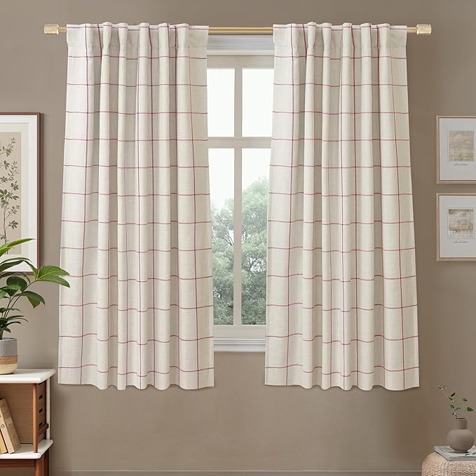 DriftAway 100% Blackout Plaid Linen Curtains 63 Inches Long 2 Panels Red | 100% Blackout, Linen Texture, Plaid Pattern, Two Layers, Rod Pocket & Back Tab, Bedroom Living Room Use, Luxury Appearance