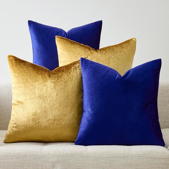 GIGIZAZA Pack of 4 Decorative Velvet Pillow Covers 16x16 Blue Gold | Throw Pillows for Couch Sofa,280gsm Soft Textured Fabric,Modern Accent Pillowcases,Luxury Living Room Cushion Covers