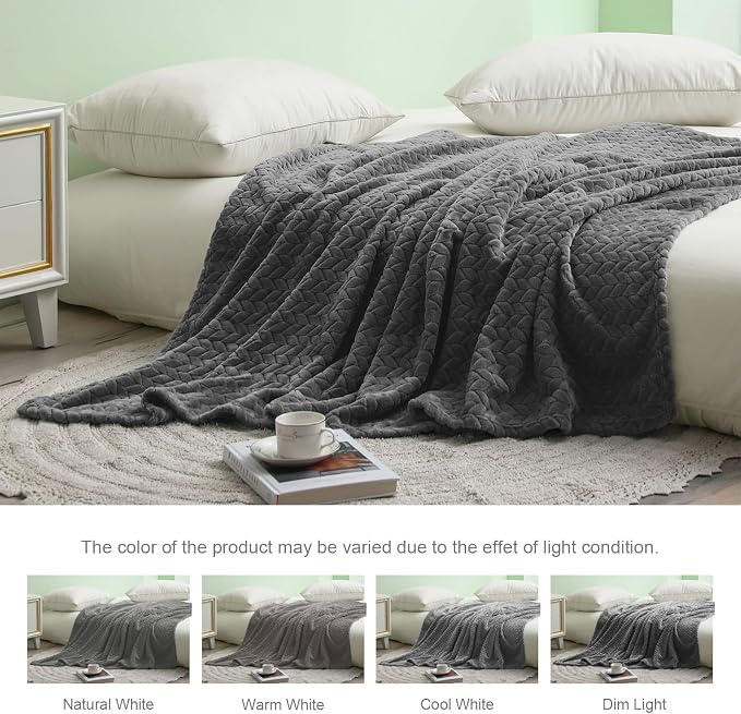 Exclusivo Mezcla Soft Fleece Bed Blanket Queen Size, 90”x66”, Dark Grey | Cozy Fluffy Lightweight Blankets for Summer, Decorative Plush Flannel Throws for Living Room, Bedroom with Leaves Pattern