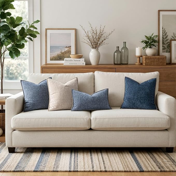 MIULEE Decorative Couch Throw Pillow Covers 20x20 in Dark Grey Blue 2 Pack | Farmhouse Pillow Covers with Stitched Edge, Soft Chenille Cushion Cases, for Sofa Bed Living Room Home Decor