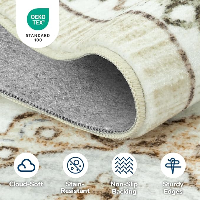 8 x 10 Area Rugs for Living Room, Washable Bedroom Large Rug, Beige | Boho Low Pile Rug for Dining Room, Floral Medallion Vintage Carpets with Non-Slip Backing, Kids Pet Friendly, Fit All Vacuums