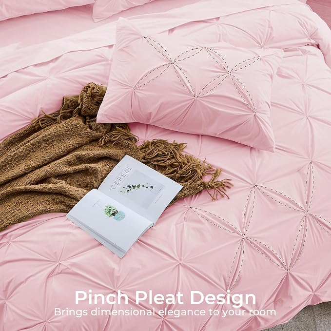 Sasttie Oversized King Comforter Set, 7-Piece Bed in a Bag, Pintuck Bedding Sets for All Season, Includes Comforter, Flat Sheet, Fitted Sheet, Pillowcases and Pillowshams, Baby Pink