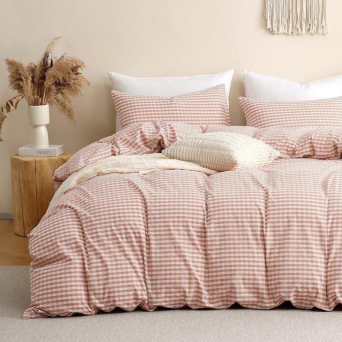 TOCOMOA Gingham Duvet Cover Set 100% Washed Cotton Like Linen, Queen | Linen-Like Feel Soft, Breathable & Comfy for All Season. Pink Brown Fall Bedding Set with Zipper & 8 Ties. 3 Pcs, No Insert