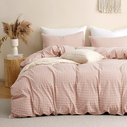 TOCOMOA Gingham Duvet Cover Set 100% Washed Cotton Like Linen, Queen | Linen-Like Feel Soft, Breathable & Comfy for All Season. Pink Brown Fall Bedding Set with Zipper & 8 Ties. 3 Pcs, No Insert