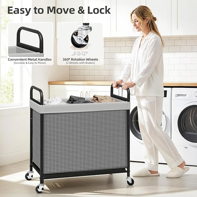 STORAGE MANIAC Rolling Laundry Hamper with Wheels 3-Section Laundry Sorter Rolling Laundrys Basket on Wheels with Removable Bag Clothes Hamper Laundrys Organizer Cart Bathroom Bedroom 120L Grey