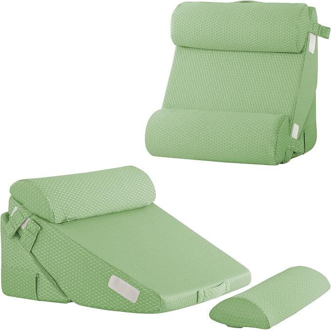 Adjustable 4pcs Bed Wedge Pillow Set, Memory Foam Wedges Pillow Post Surgery for Back, Neck, Leg Pain Relief, Pillows Wedge for Sleeping, Sitting up in Bed, Acid Reflux and GERD, Green