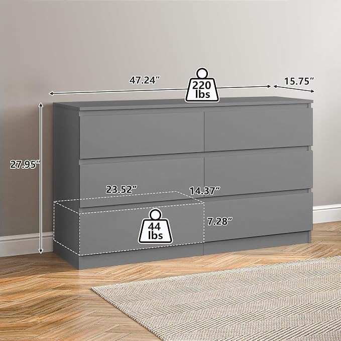 Vibe & Dine 6 Drawer Double Dresser, Modern Chest of Drawers with Wide Storage for Closet, Bedroom, Living Room (Grey)
